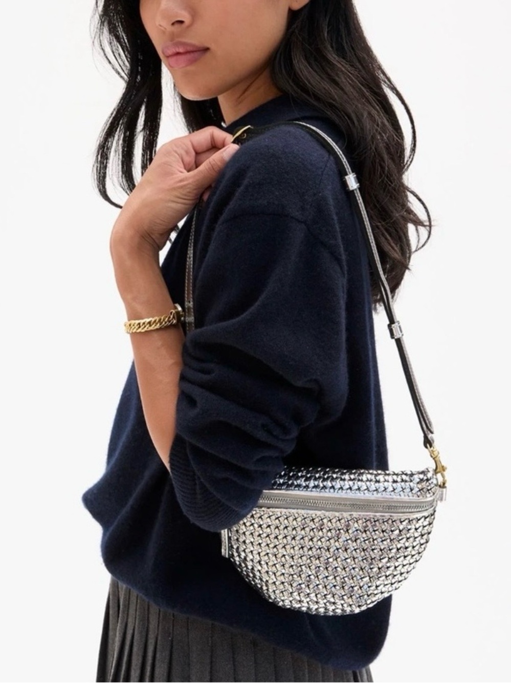 Clare V. Petite Woven Metallic Crossbody Belt Bag in Silver - Picture 3 of 11